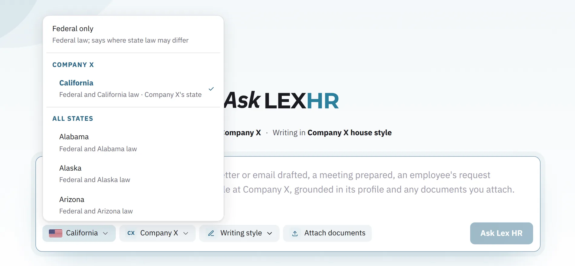 The jurisdiction choice in Ask Lex HR: Federal only, Company X's state (California, chosen), then every state