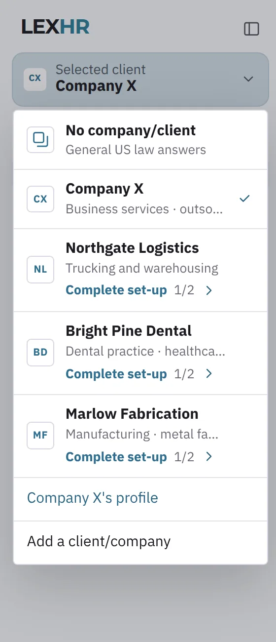 The client switcher: Company X in California, Northgate Logistics in Ohio, Bright Pine Dental in New York and Marlow Fabrication in Michigan, each its own workspace